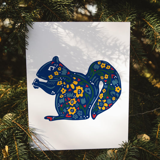 Squirrel Wall Art - Nordic Folk Style - Hand Drawn - Woodland Critter - Forest Art