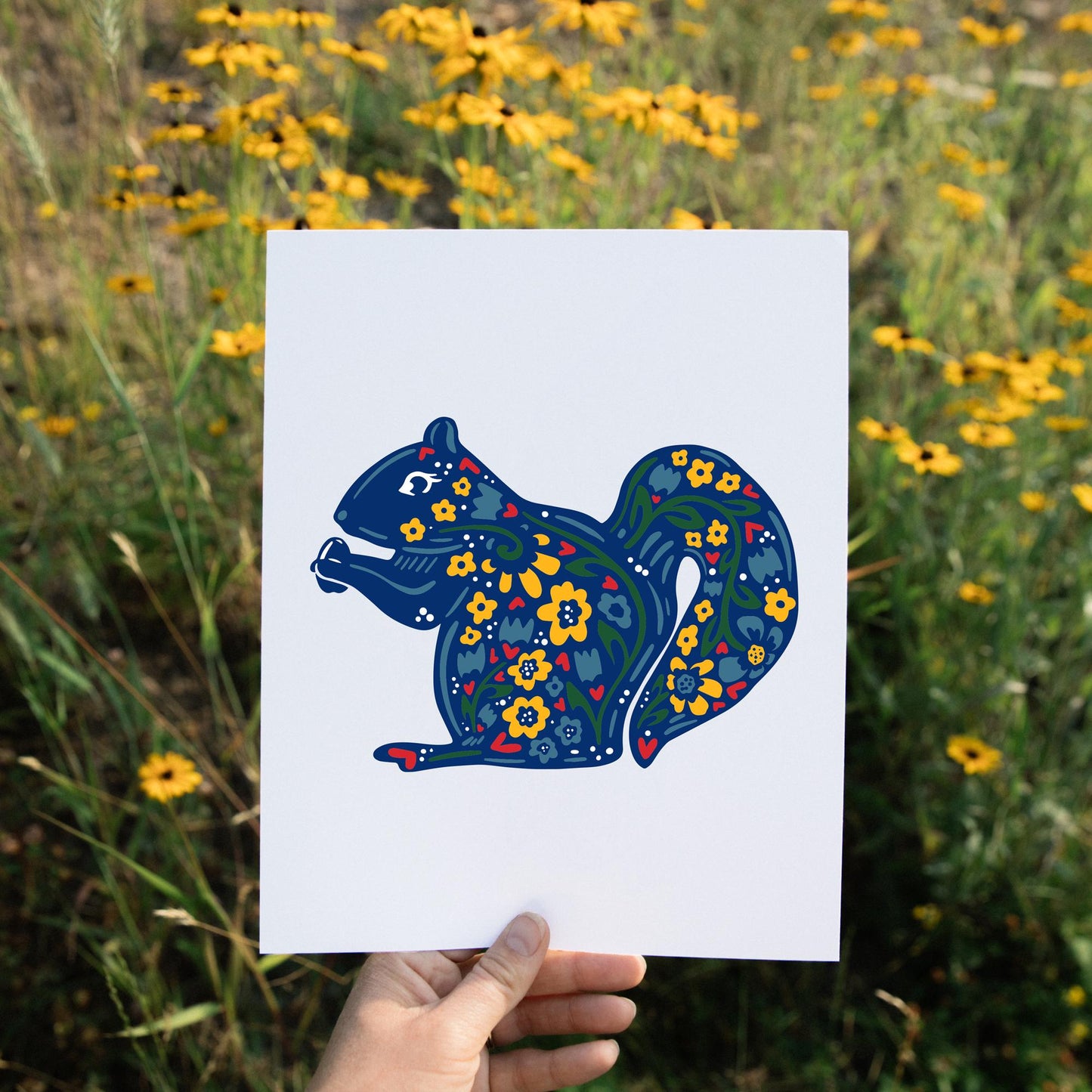 Squirrel Wall Art - Nordic Folk Style - Hand Drawn - Woodland Critter - Forest Art