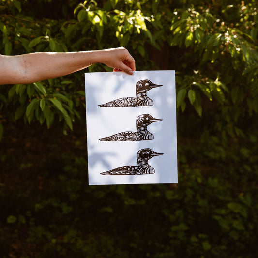 Common loon black and white cabin art print - hand-drawn Nordic loon wall art by Hinterland Goods