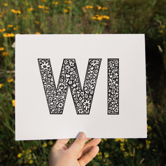 WI Wall Art - Wisconsin Abbreviation - WI - WI Letters - Floral Letters - Wall Decor - Wisconsin Wall Art - Scandinavian Art