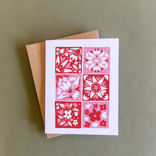 Floral Pink and Red Checkerboard - Blank Card - Card - Gift - Quilt