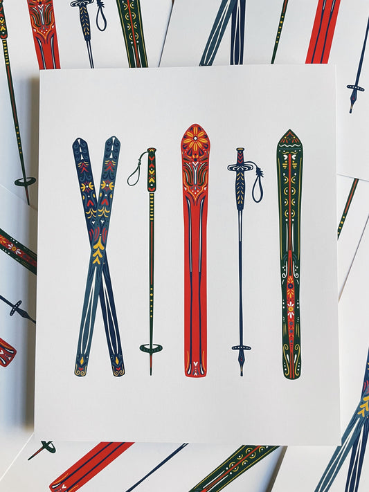 Ski Wall Art - 8x10 - Cabin Art - Ski Art - Snow Bunny - Winter Decor - Modern Cabin - Wall Art - Nordic Skis
