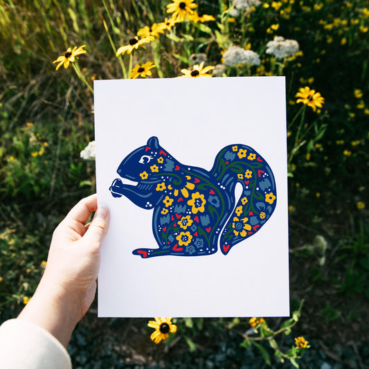 Squirrel Wall Art - Nordic Folk Style - Hand Drawn - Woodland Critter - Forest Art