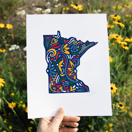 Minnesota Folk Art Print – Scandinavian Style MN Wall Art | Colorful State Illustration | Midwest Decor | Lake Life Art