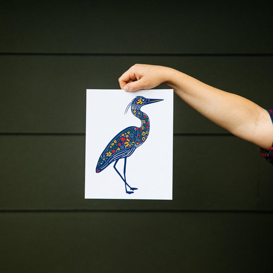 Blue Heron Nordic Art Print: Folk Style Lake Life Wall Decor