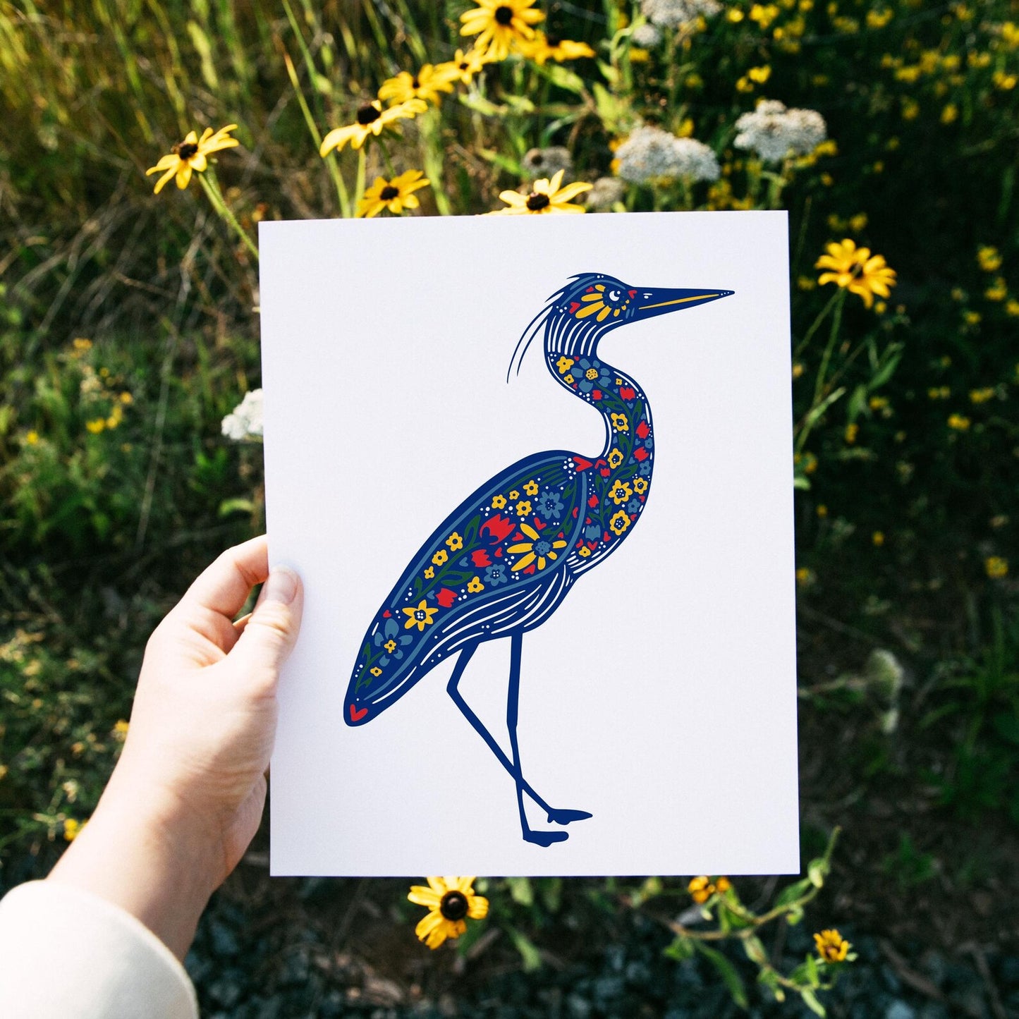 Blue Heron Nordic Art Print: Folk Style Lake Life Wall Decor