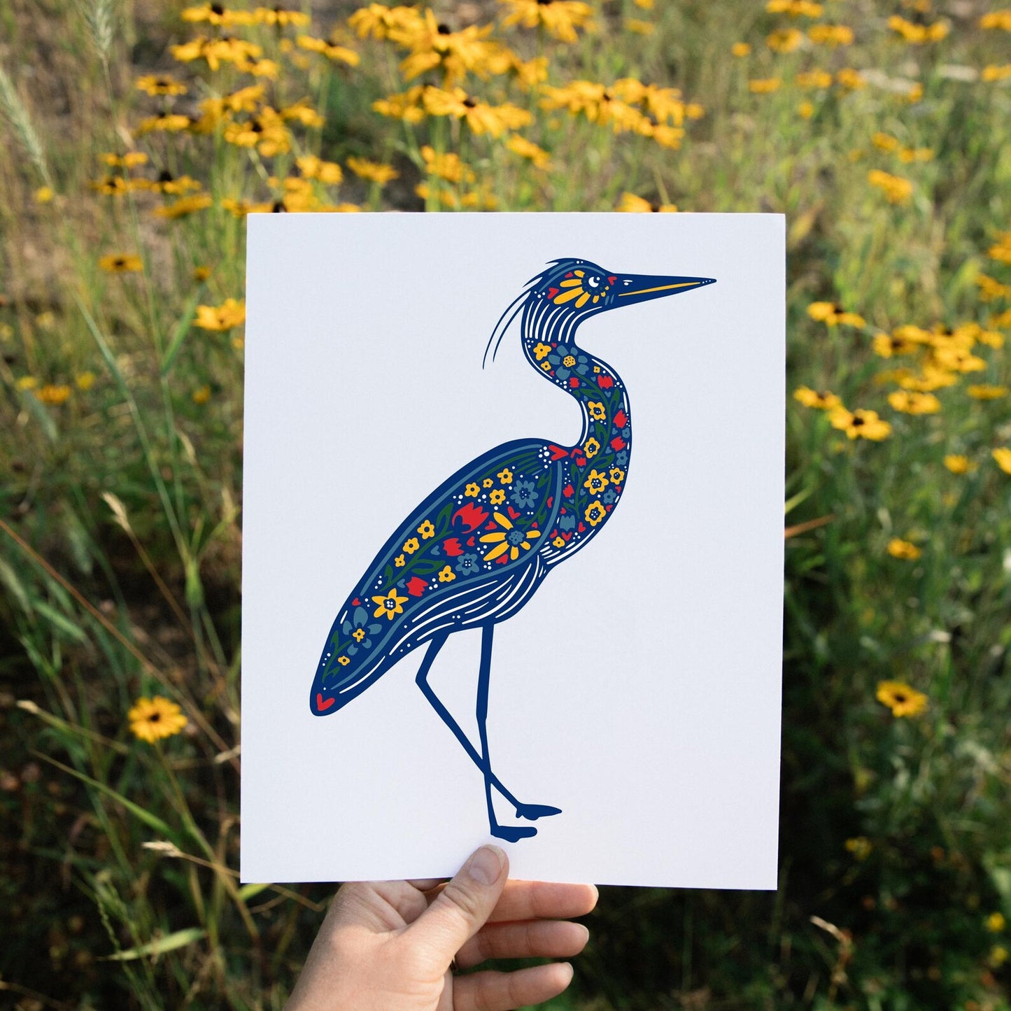 Blue Heron Nordic Art Print: Folk Style Lake Life Wall Decor
