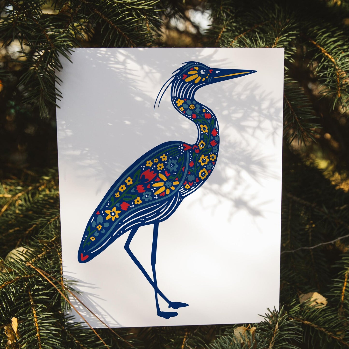 Blue Heron Nordic Art Print: Folk Style Lake Life Wall Decor